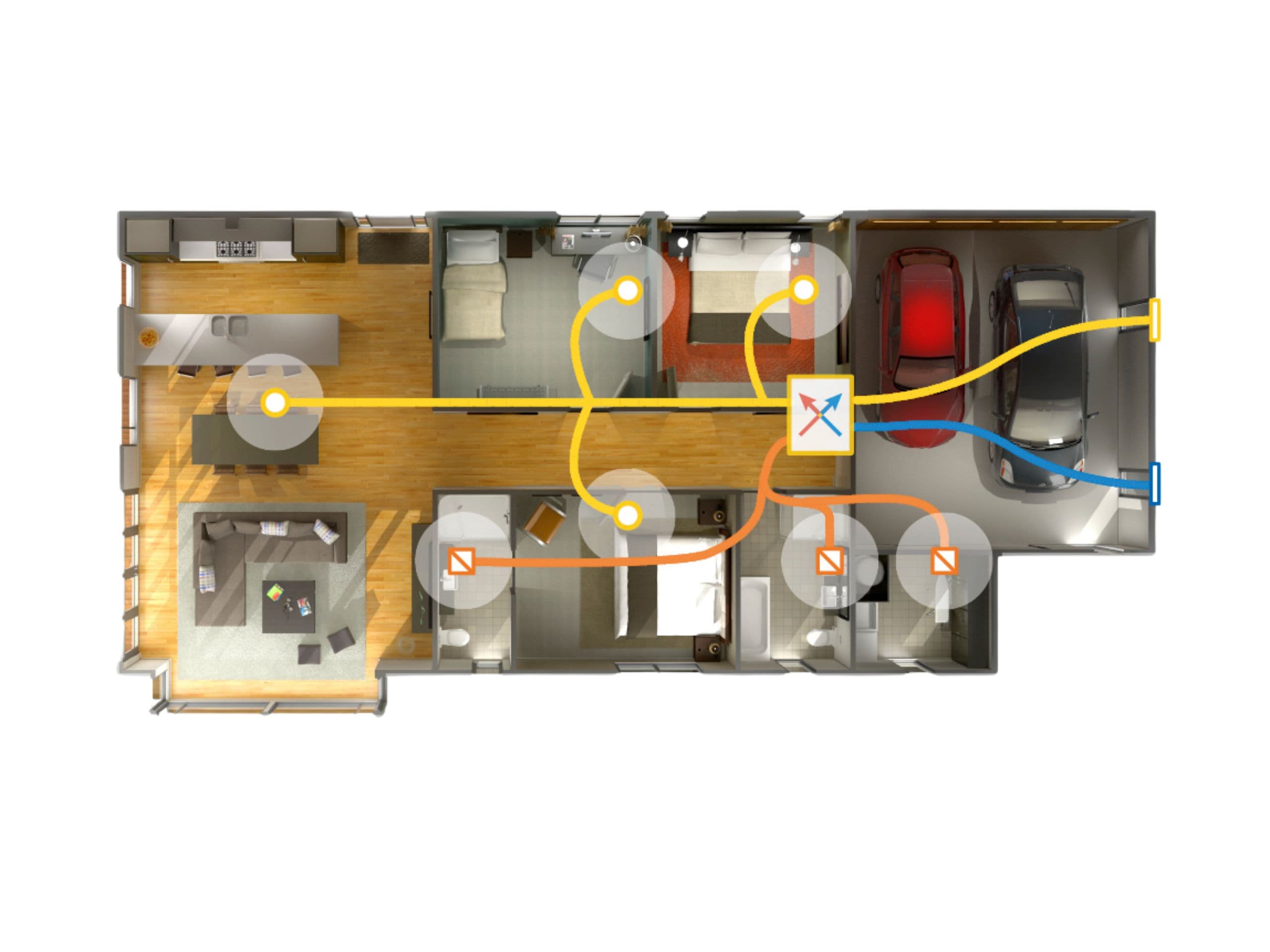 Ducted system zoning diagram across rooms