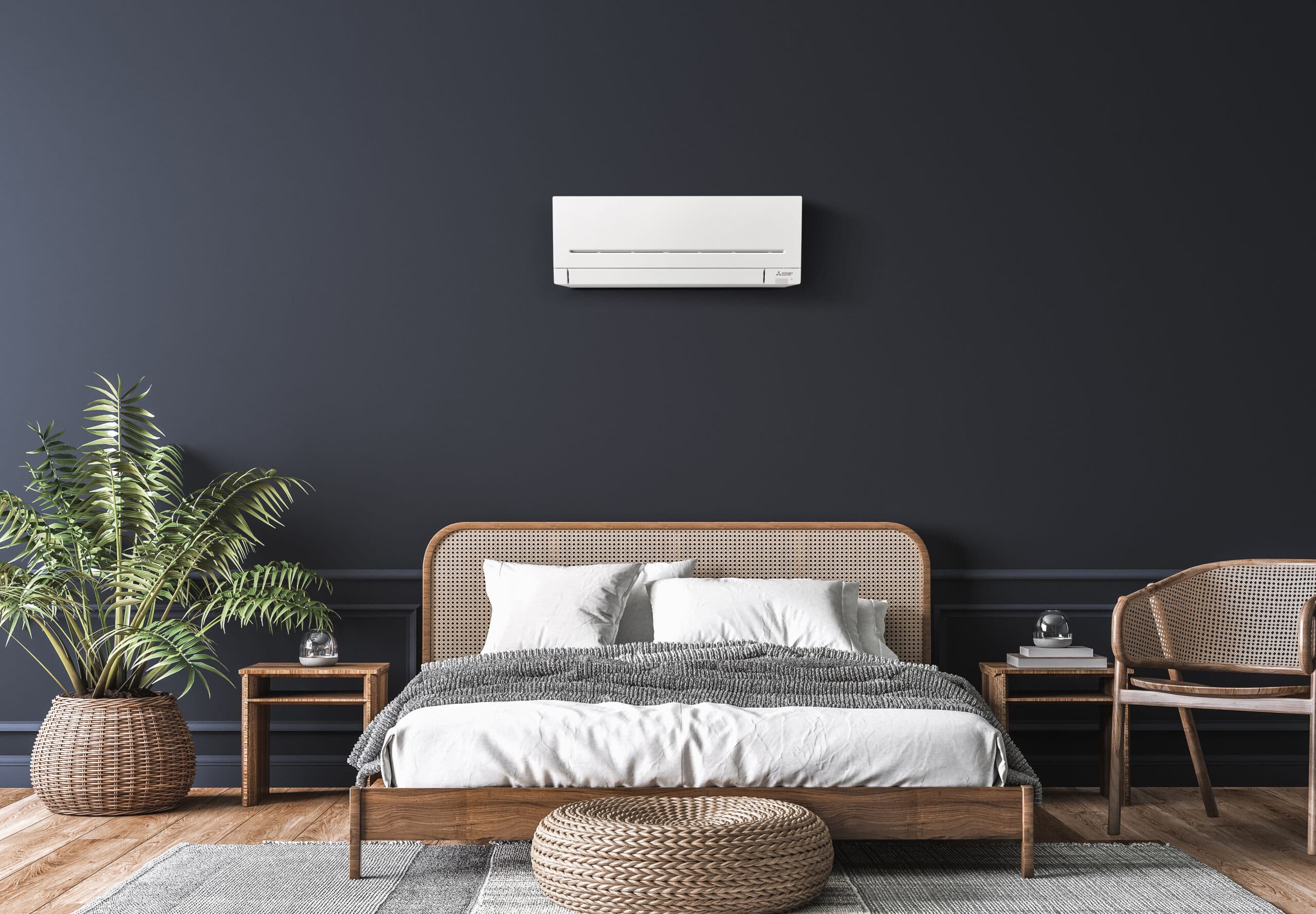 Mitsubishi Electric air conditioning unit cooling a modern bedroom